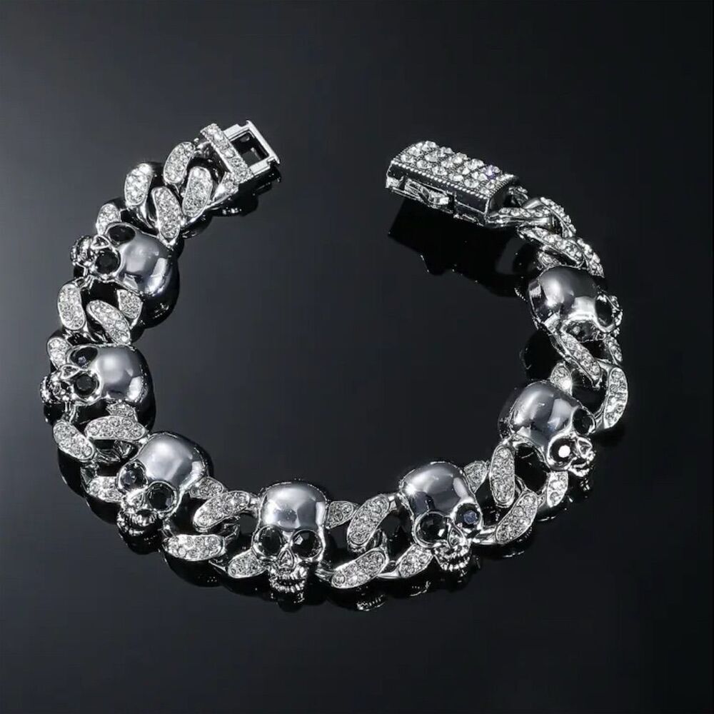 Men’s CZ Gothic Skull Cuban Link Bling Bracelet 8 in Rock Punk Band Party